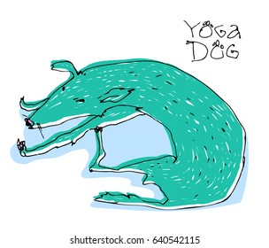 Vector colorful illustration with cartoon lazy aqua blue dog lying and stretching. Isolated Puppy curled ring. Hand drawing.
