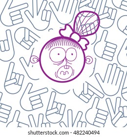 Vector colorful illustration of cartoon scared screaming girl isolated on special background with hand drawn design elements, social interaction idea. Facial expressions on woman face. 
