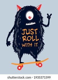 Vector colorful illustration of cartoon skater monster in stripped style. Art for print on t-shirts, posters and etc ...