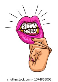 Vector colorful illustration cartoon style with lettering "girl boss". Design elements for logo with woman's lips and hand isolated from white background