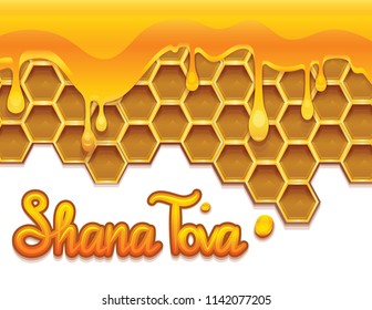 Vector colorful illustration for celebrating Rosh Hashanah. Realistic style honeycomb with liquid gold honey and Shana Tova inscription. Tasty drawing lettering for Israel's new year 