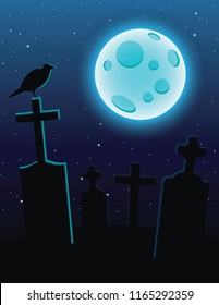 Vector colorful illustration of a cemetery with moonlight over a dark blue sky. Graves with crosses and a full blue moon. Design flyer for Halloween with a raven sitting on a graveyard