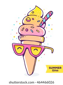 Vector colorful illustration of character gradient ice cream with glasses on white background with dots. Summer time concept. Flat style hand drawn line art design of ice cream for card, poster