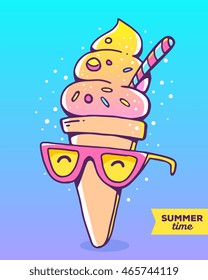 Vector colorful illustration of character gradient ice cream with glasses on bright background with dots. Summer time concept. Flat style hand drawn line art design of ice cream for card, poster