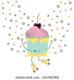 Vector colorful illustration of character ice cream with hands . Funny ice cream dancing on rollers. Flat style hand drawn line art ice cream design of poster.