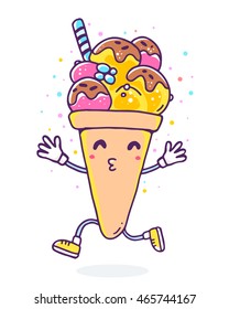 Vector colorful illustration of character ice cream with legs and hands on white background with dots. Funny ice cream. Flat style hand drawn line art design of ice cream for card, poster