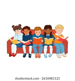 Vector Colorful Illustration of Children Are Sitting on the Couch and Reading Books Isolated on White Background