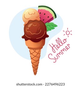 Vector colorful illustration of chocolate and vanilla balls ice cream in a waffle cone with piece of watermelon and mint. Hand drawed sun and lettering Hello Summer