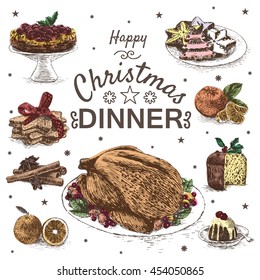 Vector colorful  illustration with Christmas dinner menu. Different Christmas meals on white background