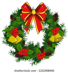 Vector colorful illustration of Christmas wreath with mistletoe, pine cone, bow and bell