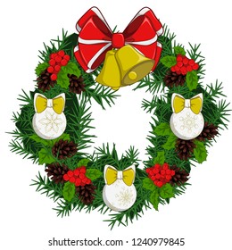 Vector colorful illustration of Christmas wreath with mistletoe, pine cone, bow, bell and Christmas ball