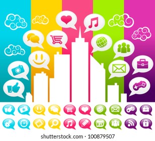 Vector colorful illustration of a city with social media speech bubble icons.