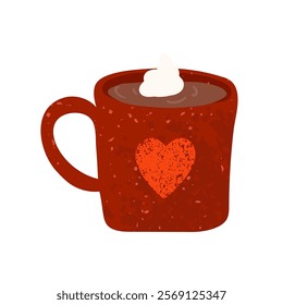 Vector Colorful Illustration of Cocoa in a Red Mug with a Heart Isolated on White Background