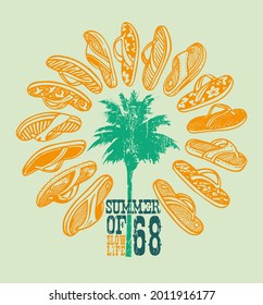 Vector colorful illustration of coconut tree, slippers and text. Art in a stripped-down style, with simple and rustic features.