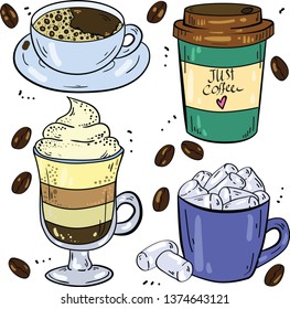 Vector colorful illustration with coffee, latte, marshmallow and coffee beans on white background. Isolated illustrations, doodle style. Good for printing. Logo and postcard elements.