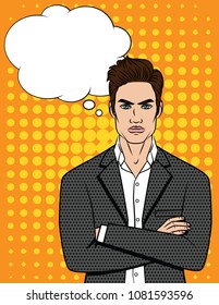 Vector colorful illustration comic art style of angry businessman  with crossed arms. Furious  boss  in office suit standing in front over dot background