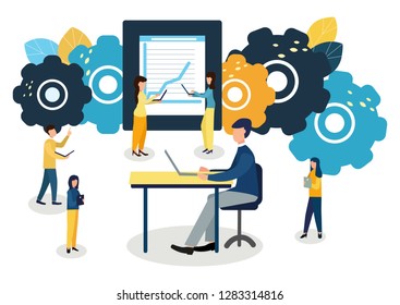 Vector colorful illustration of communication over the Internet, social networks, chat, video, news, messages, website, search for friends