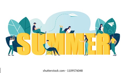 Vector colorful illustration of communication through the Internet, social networks, chat, video, news, messages, website, search for friends, mobile web graphics, big word summer