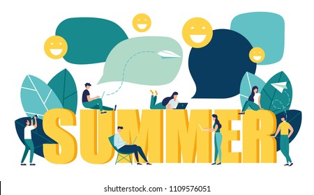 Vector colorful illustration of communication through the Internet, social networks, chat, video, news, messages, website, search for friends, mobile web graphics, big word summer