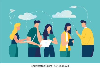 Vector colorful illustration of communication via the Internet, social networking,chat, video,news,messages,web site, search friends, mobile web graphics