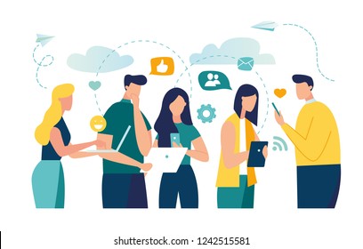 Vector colorful illustration of communication via the Internet, social networking,chat, video,news,messages,web site, search friends, mobile web graphics