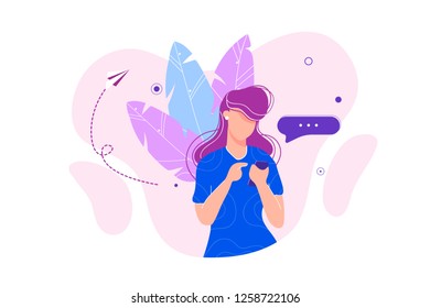 Vector colorful illustration of communication via the Internet, social networking,chat, video,news,messages,web site, search friends, mobile web graphics. Girl, woman. Modern design image isolated on