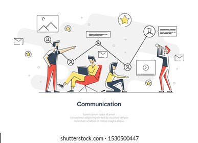 Vector colorful illustration of communication via the Internet, social networking,chat, video,news,messages,web site, search friends, mobile web graphics