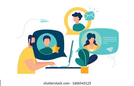Vector colorful illustration of communication via the Internet, social networking,chat, video,news,messages,web site, search friends, mobile web graphics vector - Shutterstock ID 1606543123