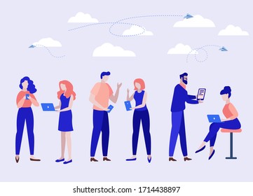 Vector colorful illustration of communication via the Internet, social networking, chat, video, news, messages, web site, search friends, mobile web graphics. Group of people with gadgets