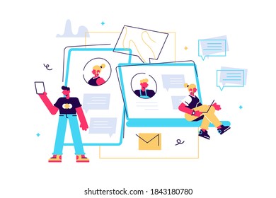 Vector colorful illustration of communication via the Internet, social networking,chat, video,news,messages,web site, search friends, mobile web graphics vector