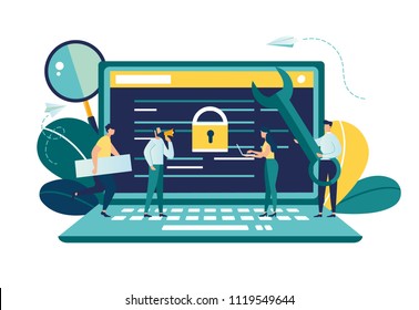 Vector colorful illustration, the concept of protecting computer data for a web page, coding, programming, application development, expose