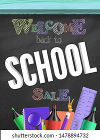 Vector colorful Illustration concept for welcoming children to school. 3D Realistic Back to School Sale Title Poster Design with supplies and Items on a blackboard Background with blue wood frame.