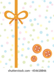 Vector colorful illustration. Congratulation template poster with yellow ribbon, bow, buttons on white dot background. Celebration concept. Flat style hand drawn design for invitation, greeting card
