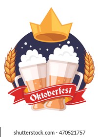 Vector colorful illustration of couple mugs of yellow beer with golden crown, ears wheat, red ribbon and text on white background. Oktoberfest festival and greeting. Realistic design for web, poster