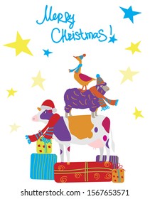 Vector colorful illustration of cow, sheep and goose in hat and scarf. Domestic animals. Winter christmas greeting card. Flat graphic