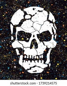 Vector colorful illustration of cracked skull with paint splatter background