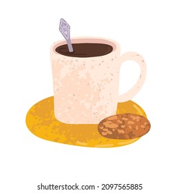 Vector colorful illustration of cup of coffee and cookies isolated on white background