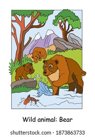 Vector colorful illustration with cute bear mum and cubs in mountain area. Cartoon contour illustration. Stock illustration for coloring book, preschool education, print and game.