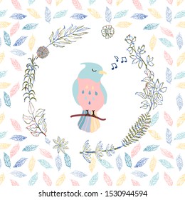 Vector colorful illustration of cute bird and wreath, on seamless background. Can be used for childish t-shirt print, textile print, cloth, baby wear, kids room decoration, invitation, greeting card, 