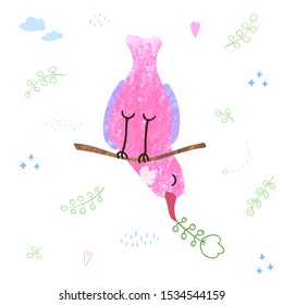 Vector colorful illustration of cute bird. Can be used for childish t-shirt print, textile print, cloth, baby wear, kids room decoration, invitation, greeting card, and posters