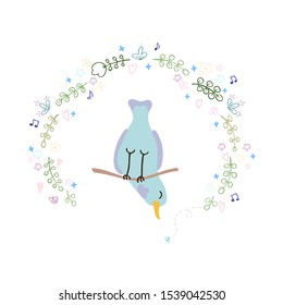 Vector colorful illustration of cute bird and wreath. Can be used for childish t-shirt print, textile print, cloth, baby wear, kids room decoration, invitation, greeting card, and posters