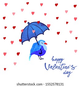 Vector colorful illustration of cute bird with umbrella in the rain of hearts. Happy valentine day postcard. Can be used for t-shirt print, decoration, invitation, greeting card, and poster