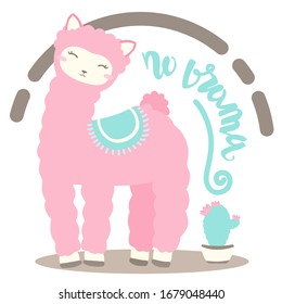 vector colorful illustration. cute cartoon animal llama with hand drawn lettering 'no drama' and bloom cacti pot