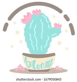 vector colorful illustration. cute cartoon cactus pot with hand drawn lettering 'bloom'