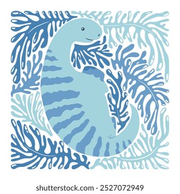 Vector colorful illustration with cute cartoon dinosaur and abstract blue branches isolated on white background. Animal design for print, wallpaper, card, poster, nursery decoration