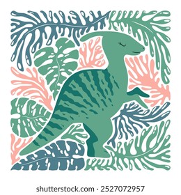 Vector colorful illustration with cute cartoon dinosaur, abstract branches and leaves isolated on white background. Animal design for print, wallpaper, card, poster, nursery decoration