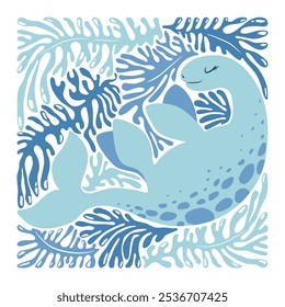Vector colorful illustration with cute cartoon dinosaur, abstract blue branches isolated on white background. Animal design for card щк poster print, wallpaper, nursery decoration