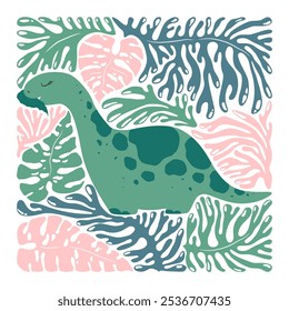 Vector colorful illustration with cute cartoon dinosaur, abstract leaves and branches isolated on white background. Animal design for card or poster print, nursery decoration, wallpaper