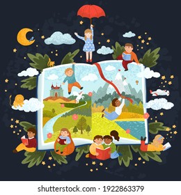 Vector Colorful Illustration Of Cute Children Read A Book. Reading Bedtime Stories. The Book Of Fairy Tales.