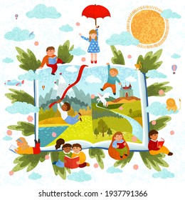 Vector Colorful Illustration Of Cute Children Read A Book. Reading Stories. The Book Of Fairy Tales.